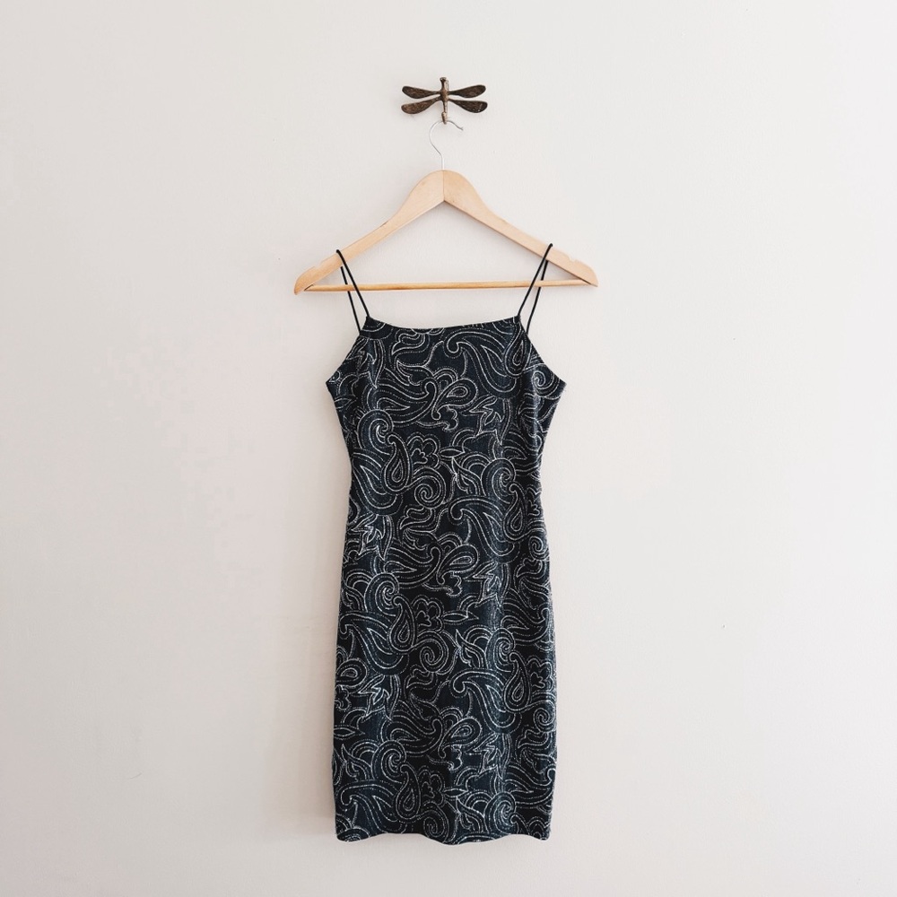 90s Black & Metallic Paisley Glitter Bodycon Dress with Crisscross Back Small
